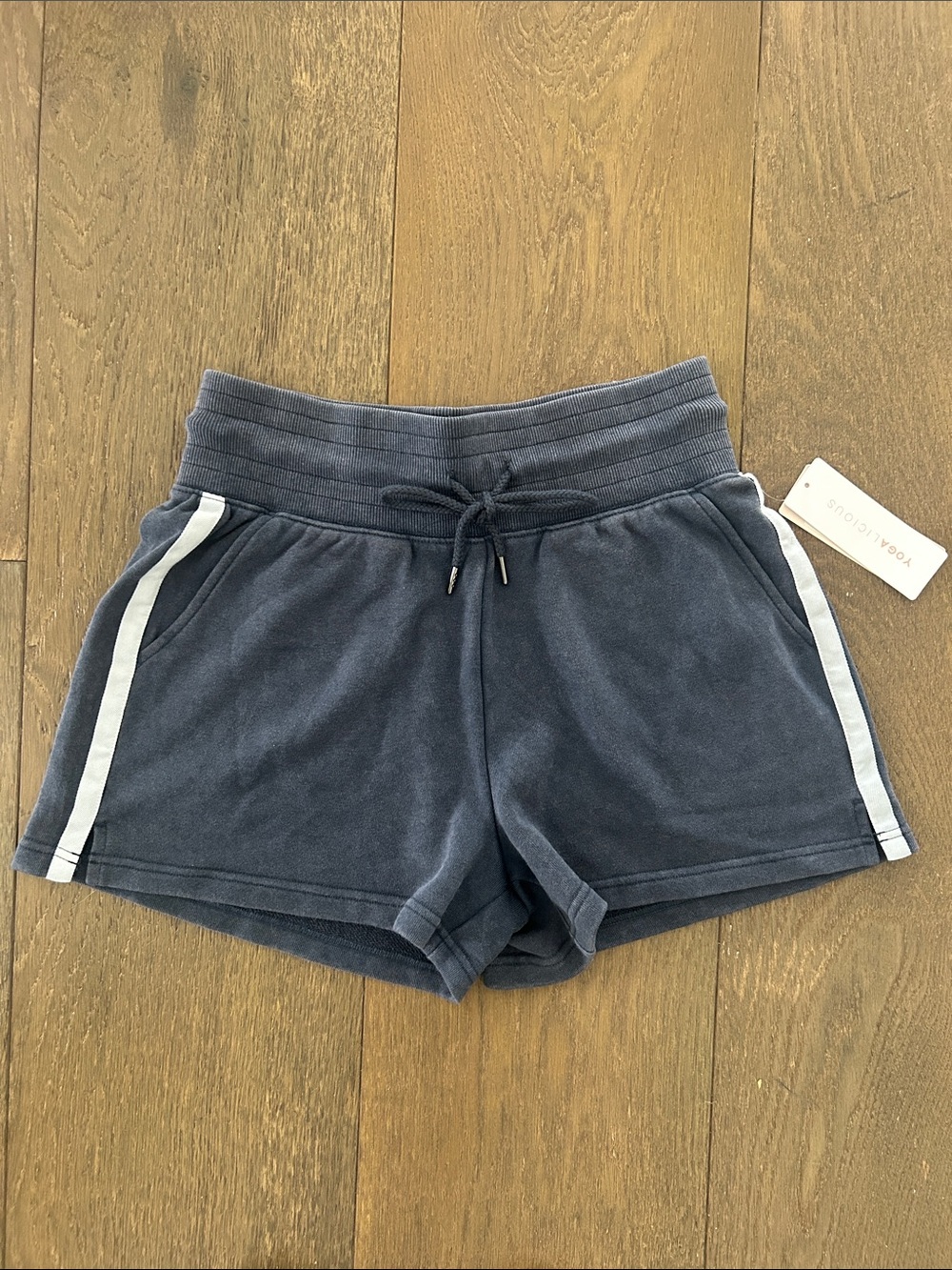 Yogalicious Navy Blue Terry Athletic Shorts with White Side Stripes - Picture 2 of 8